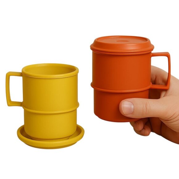 Vintage Tupperware Stacking Coffee Cups Mugs Lids Coasters 8 oz Yellow Orange - Picture 1 of 16
